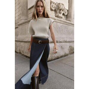 ZARA Z1975 BELTED DENIM WRAP MIDI SKIRT